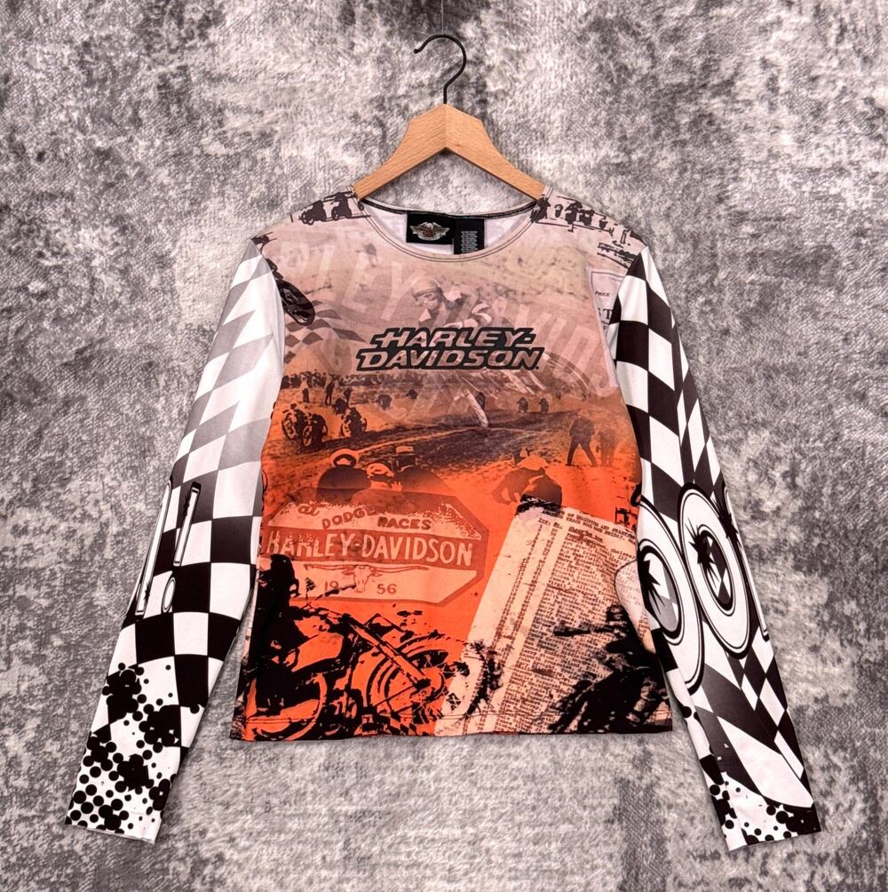 Vintage Harley Davidson Top Medium Womens Y2K All Over Print Stretch Knit